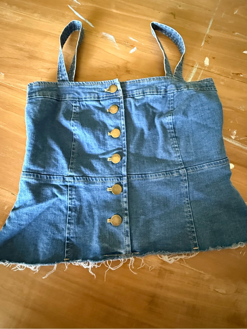 Skylar + Madison Blue Denim Crop Top with Gold Button
